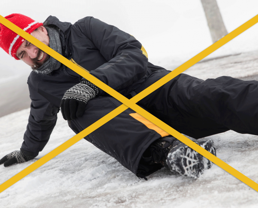 Man slipped on ice and hurt knee -- Image has an X over it to represent that this shouldn't happen